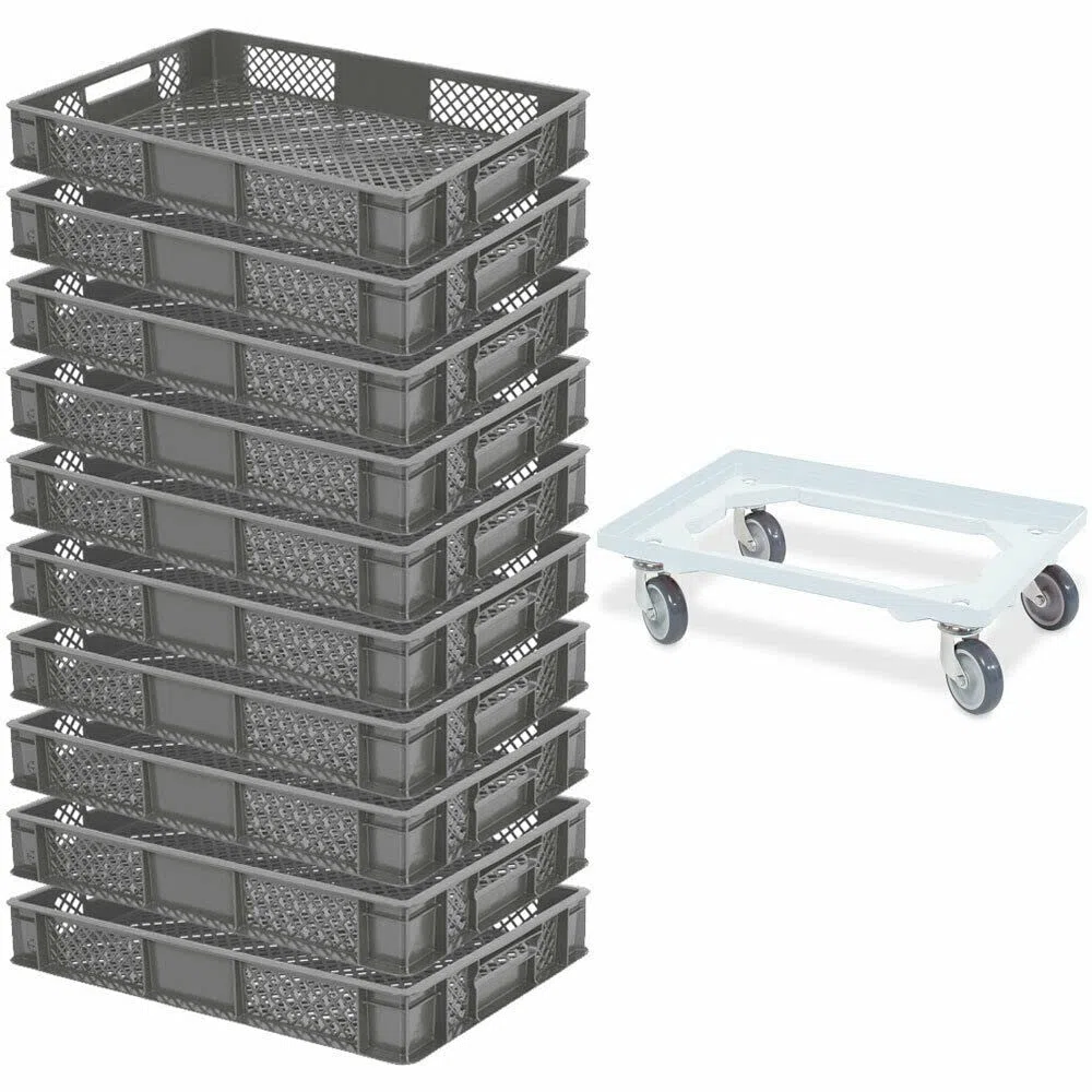 BRB Lot de 10 boîtes à euro, L x l x H : 600 x 400 x 90 mm, qualité industrielle, convient à un usage alimentaire + 1 roulette de transport (gris/blanc)