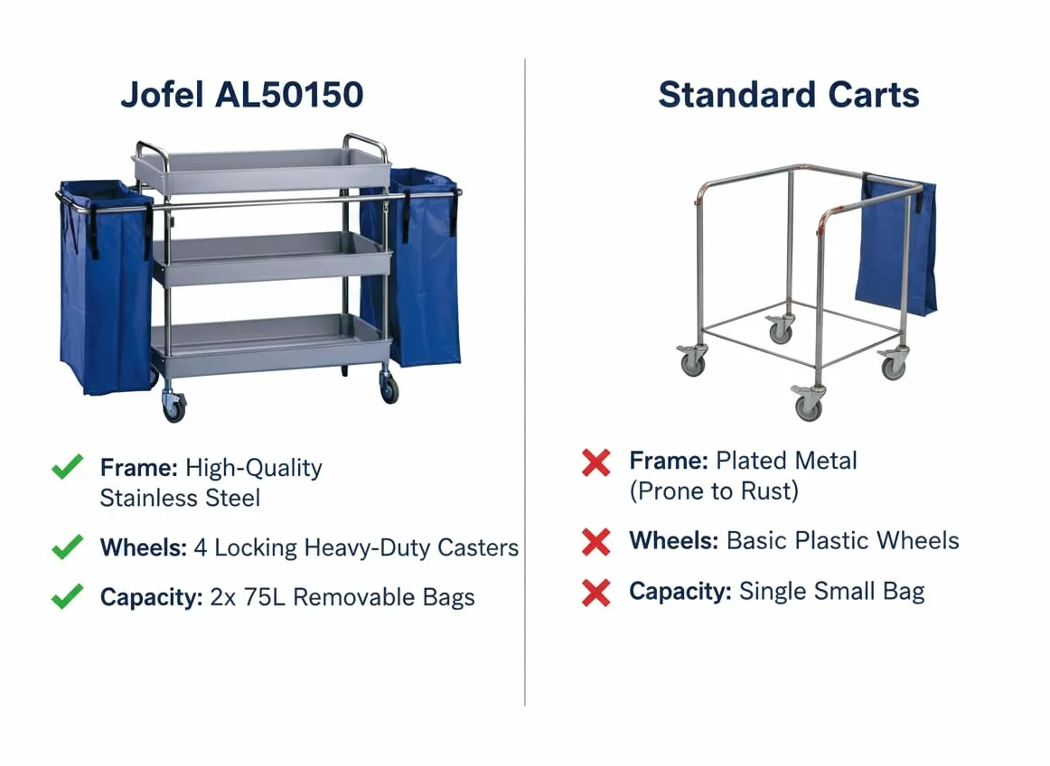 Jofel Al50150 chariot métallique, 3 plateaux Grande et 2 sacs de 75 l, EN ACIER INOXYDABLE AISI 304