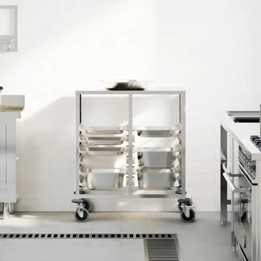 Chariot à plateaux en acier inoxydable avec 12 bacs GN 1/1 75 x 55 x 87 cm, chariot de cuisine, chariot de service, chariot de service avec 4 roues, rangement de rangement pour cuisine
