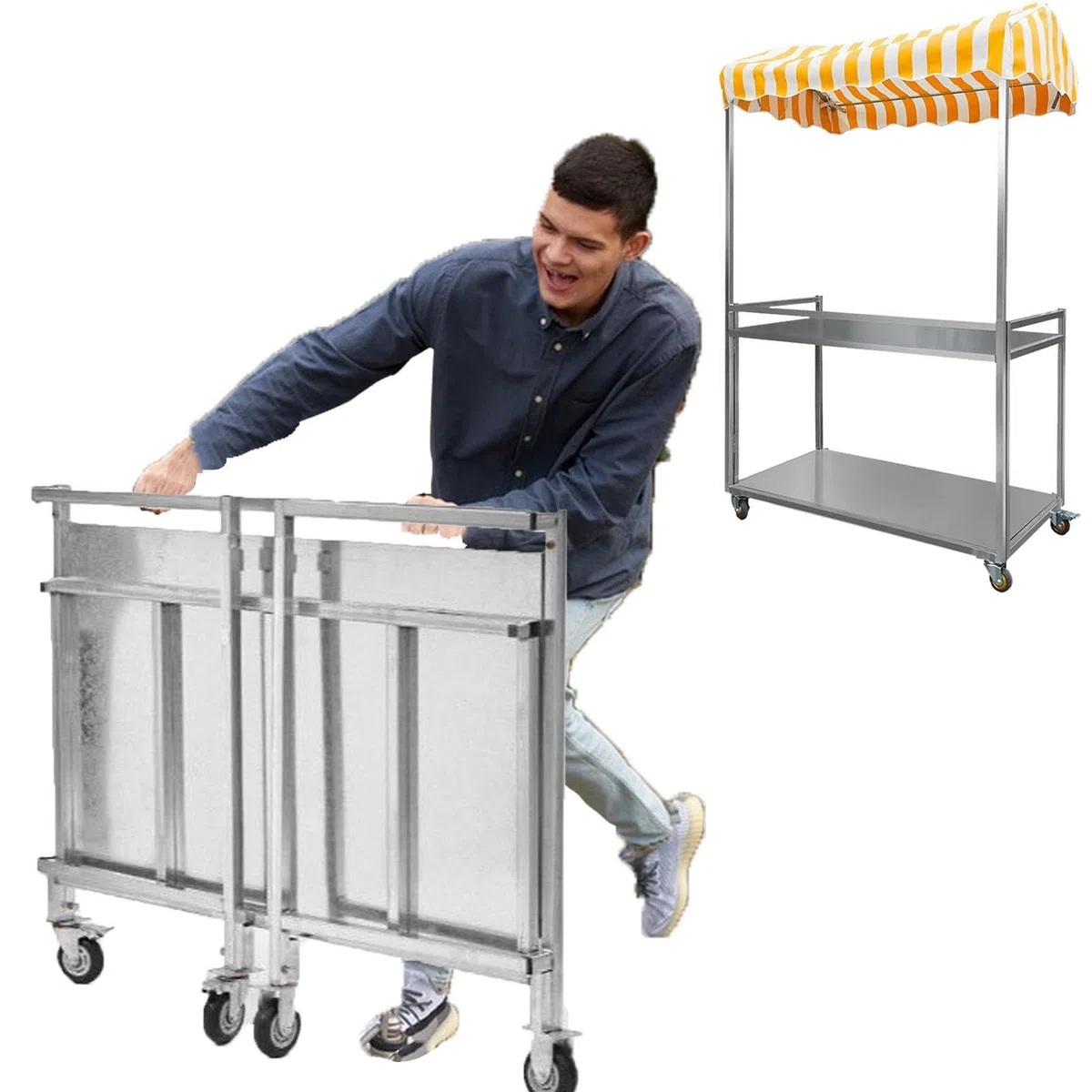 Chariot alimentaire pliable avec roues – Distributeur automatique à 2 couches avec auvent, kiosque de concession portable pour événements et marchés en plein air, 100 cm de large, jaune