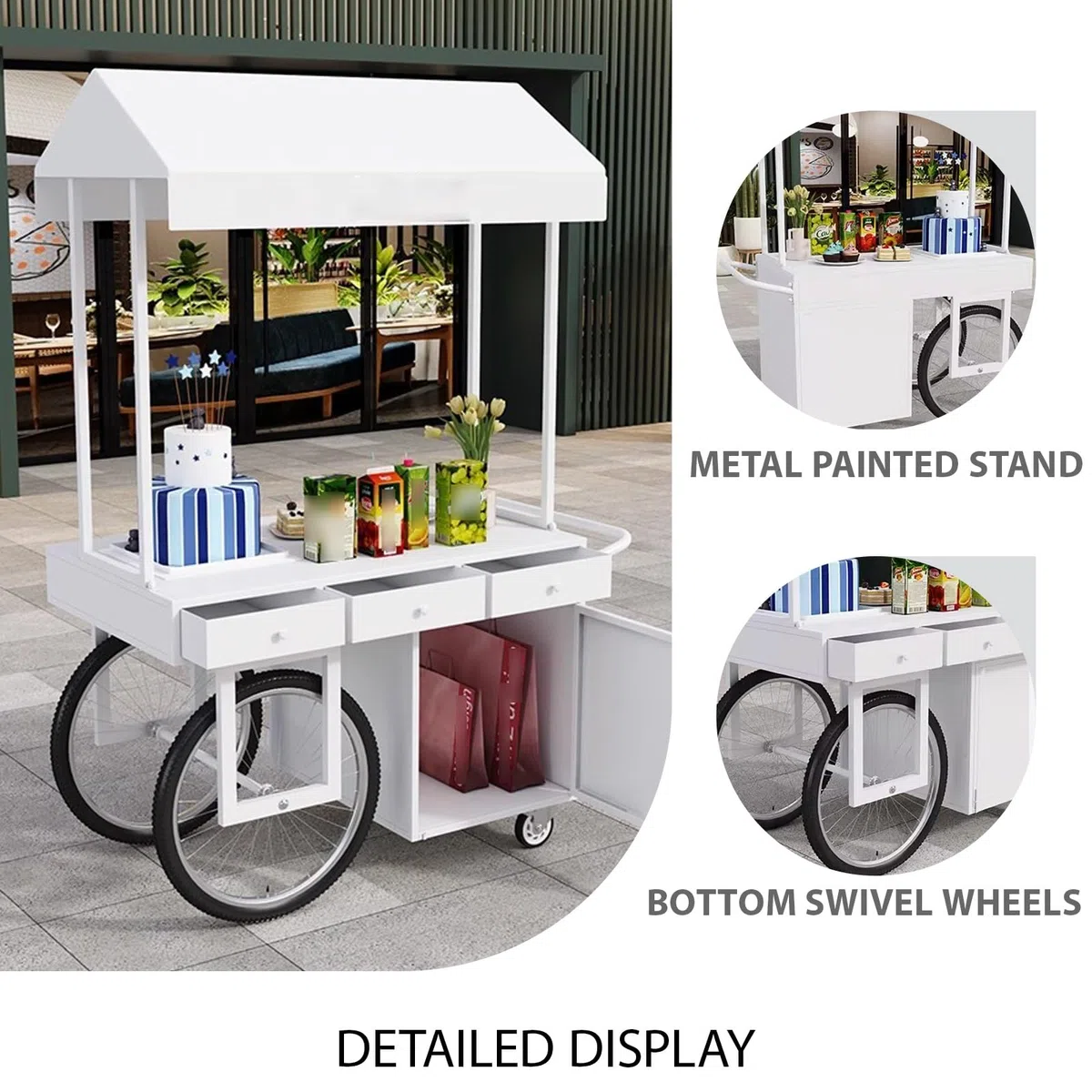 Chariot portable d'extérieur avec auvent et rangement ouvert, cadre en fer forgé à forte capacité de charge, idéal pour les rues commerciales, les plages et les festivals