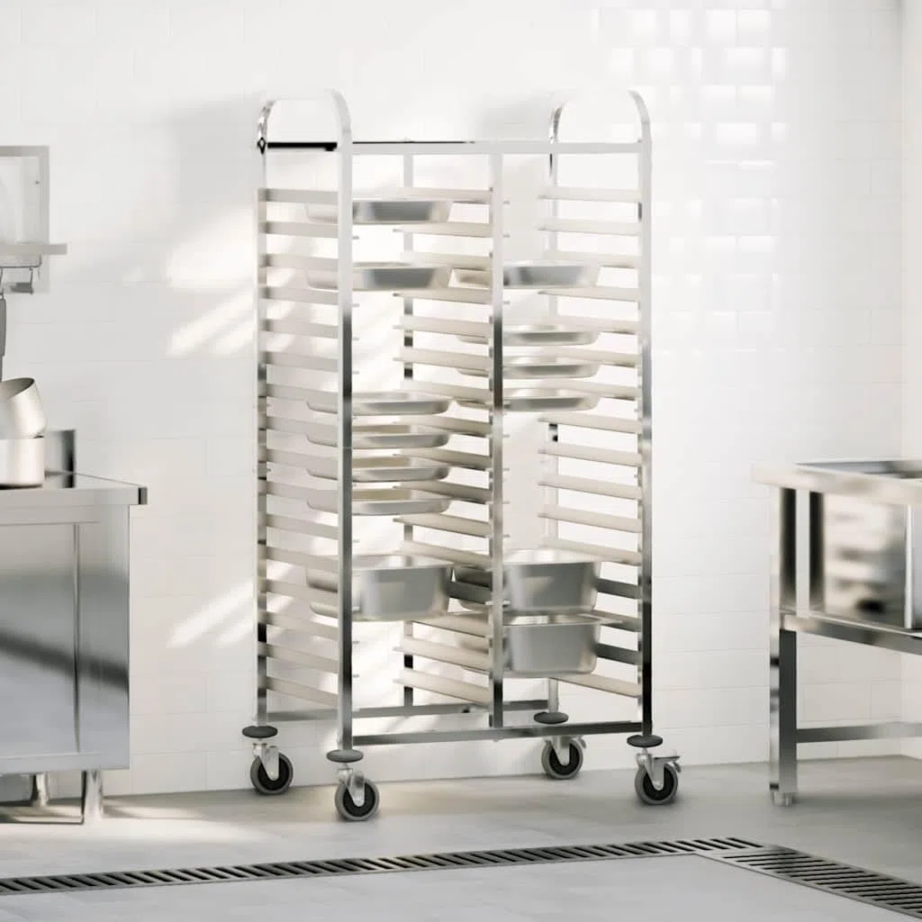 Chariot à plateau en acier inoxydable 75 x 55 x 162,5 cm avec 32 récipients GN, chariot de cuisine avec roulettes et freins, chariot de service pour gastronomie, chariot à roulettes flexible