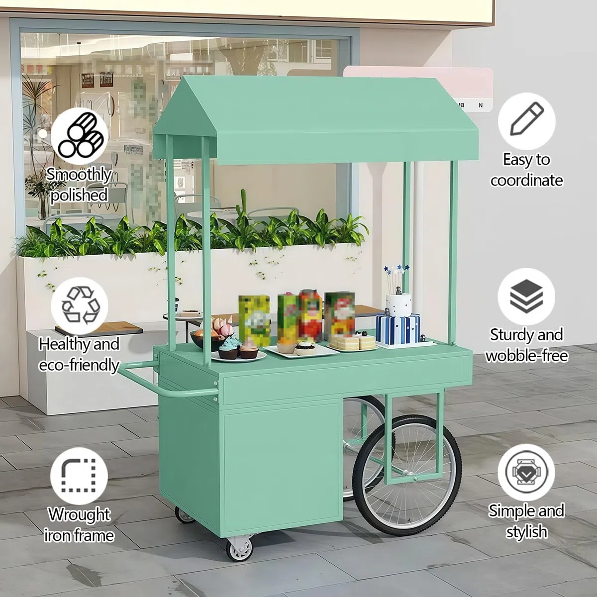 Chariot portable à 4 roues avec pare-soleil réglable et boîte de rangement pour marchés de rue, événements et fêtes