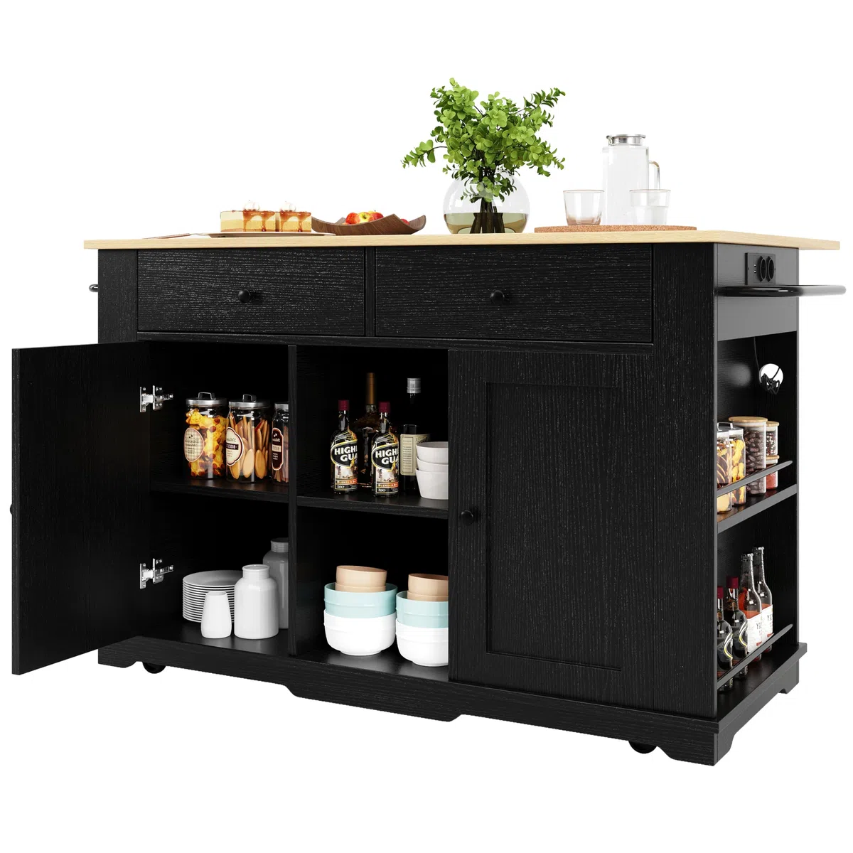 LINKHOO Ilot de Cuisine, équipé d’Une multiprise, Chariot de Service avec Plan de Travail, Chariot de Service avec veines de Bois, 151.5 * 59.7 * 91.7 cm, Noir