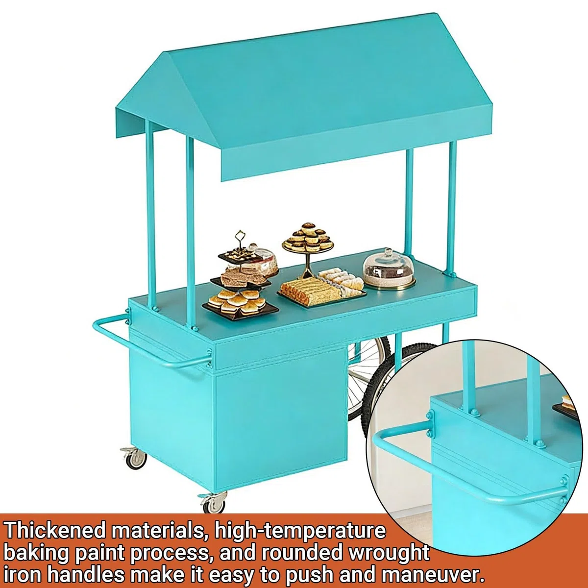 Chariot portable multifonction avec auvent roulant pour événements en plein air, marchés nocturnes et vente alimentaire, construction en fer 120 x 70 x 200 cm