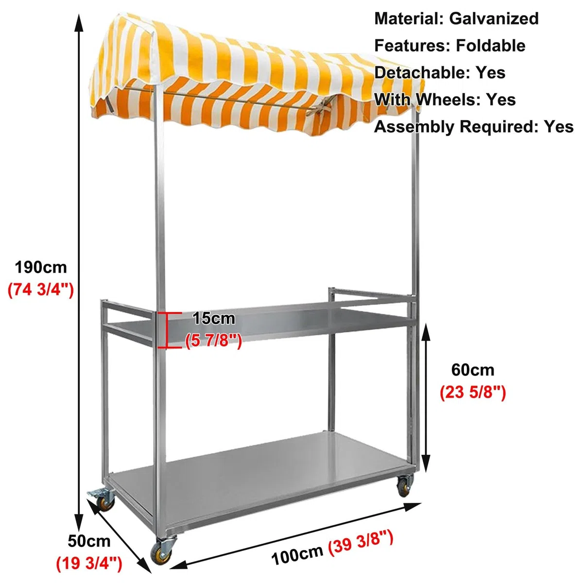 Chariot alimentaire pliable avec roues – Distributeur automatique à 2 couches avec auvent, kiosque de concession portable pour événements et marchés en plein air, 100 cm de large, jaune