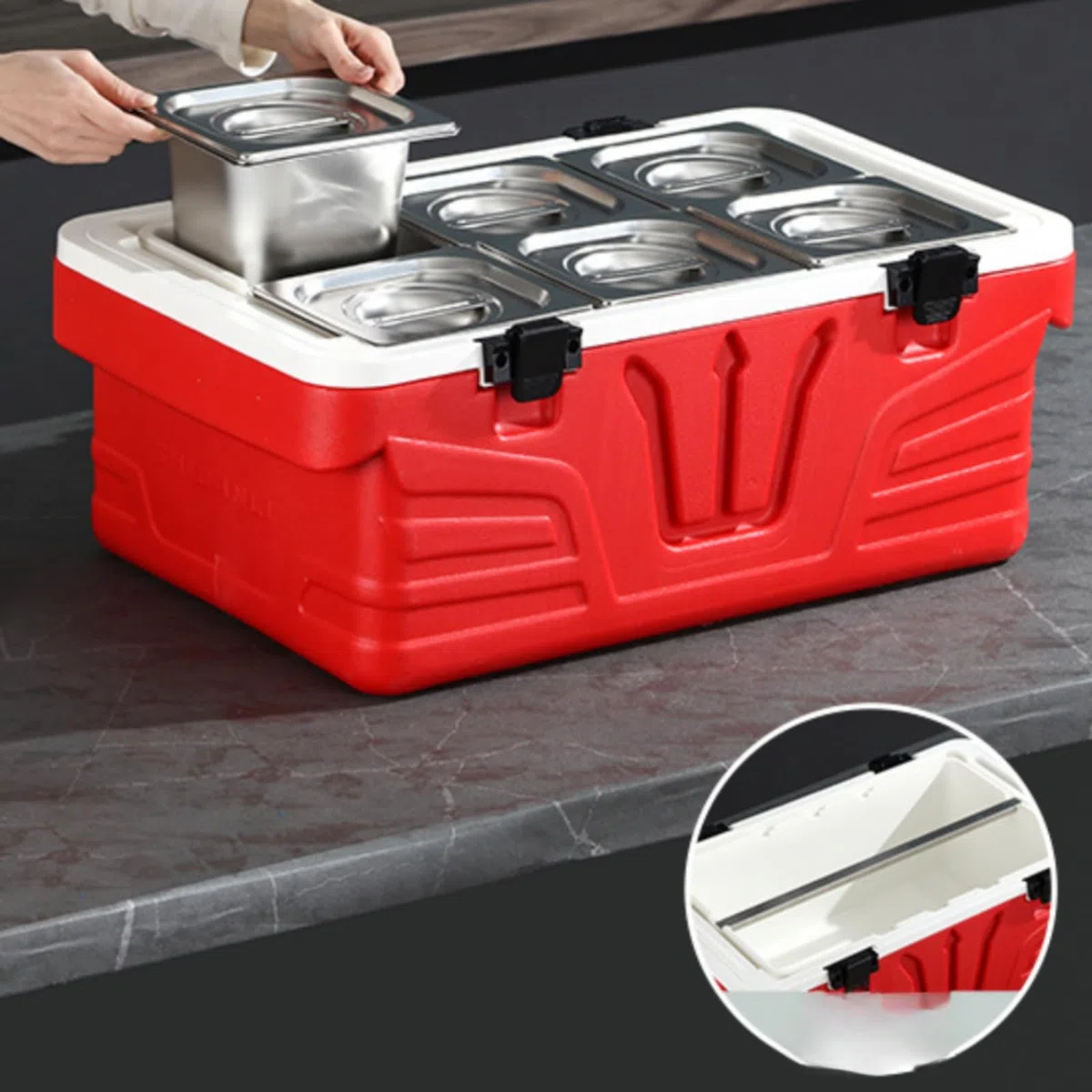 Conteneur Isotherme avec Bac INOX Hermétique Boîte Transport Traiteur Ergonomique Boîte Transport Alimentaire pour Traiteurs, 28L, Style to 4