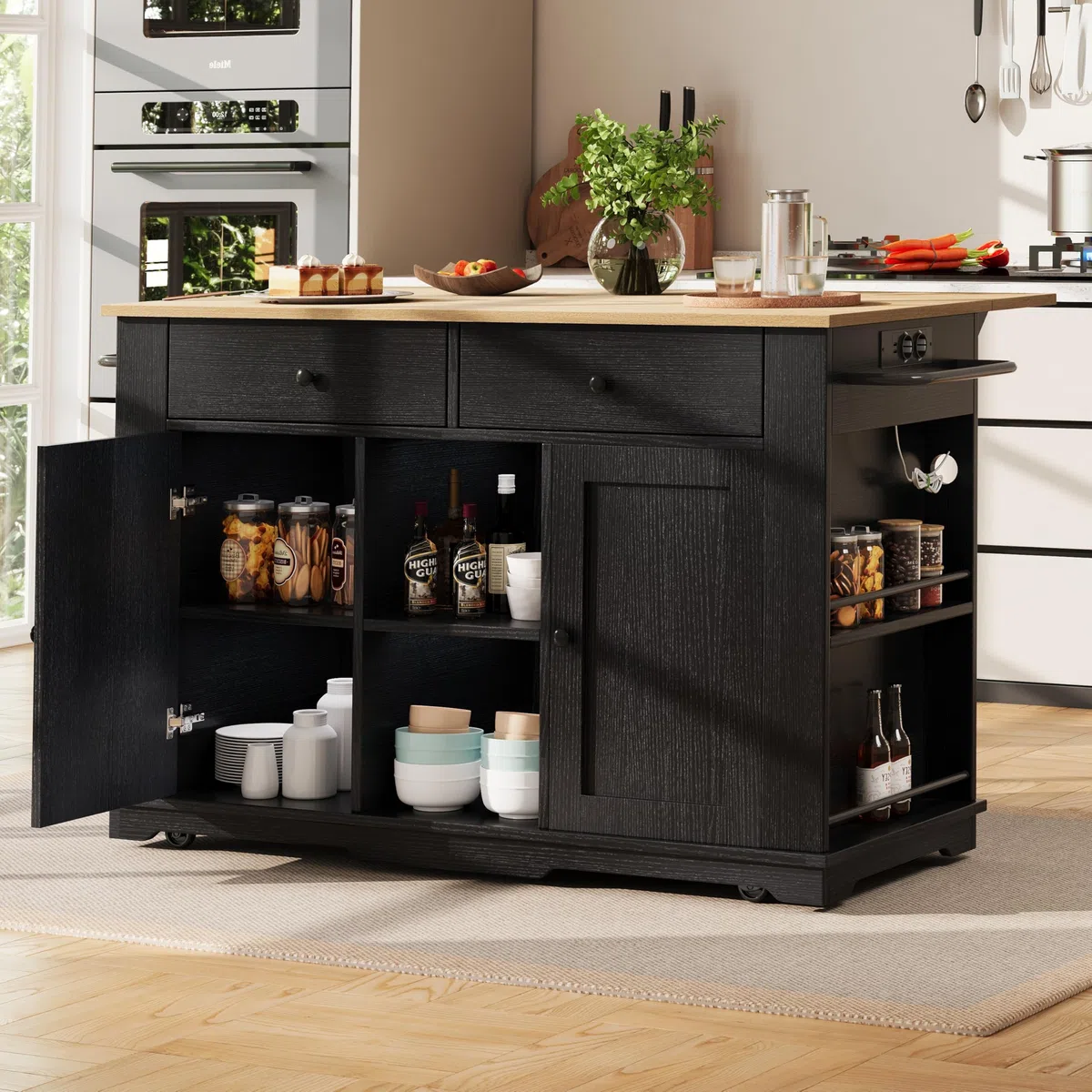 LINKHOO Ilot de Cuisine, équipé d’Une multiprise, Chariot de Service avec Plan de Travail, Chariot de Service avec veines de Bois, 151.5 * 59.7 * 91.7 cm, Noir