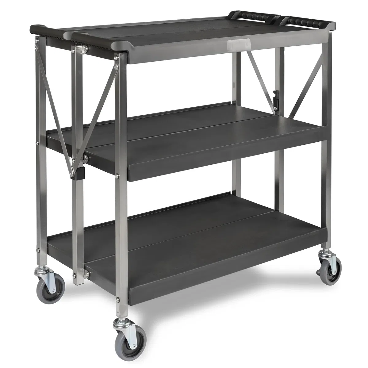 MBH Chariot de service pliable professionnel en acier inoxydable avec 3 étagères pour hôtellerie, chariot de transport industriel en acier inoxydable pour bar et restaurant