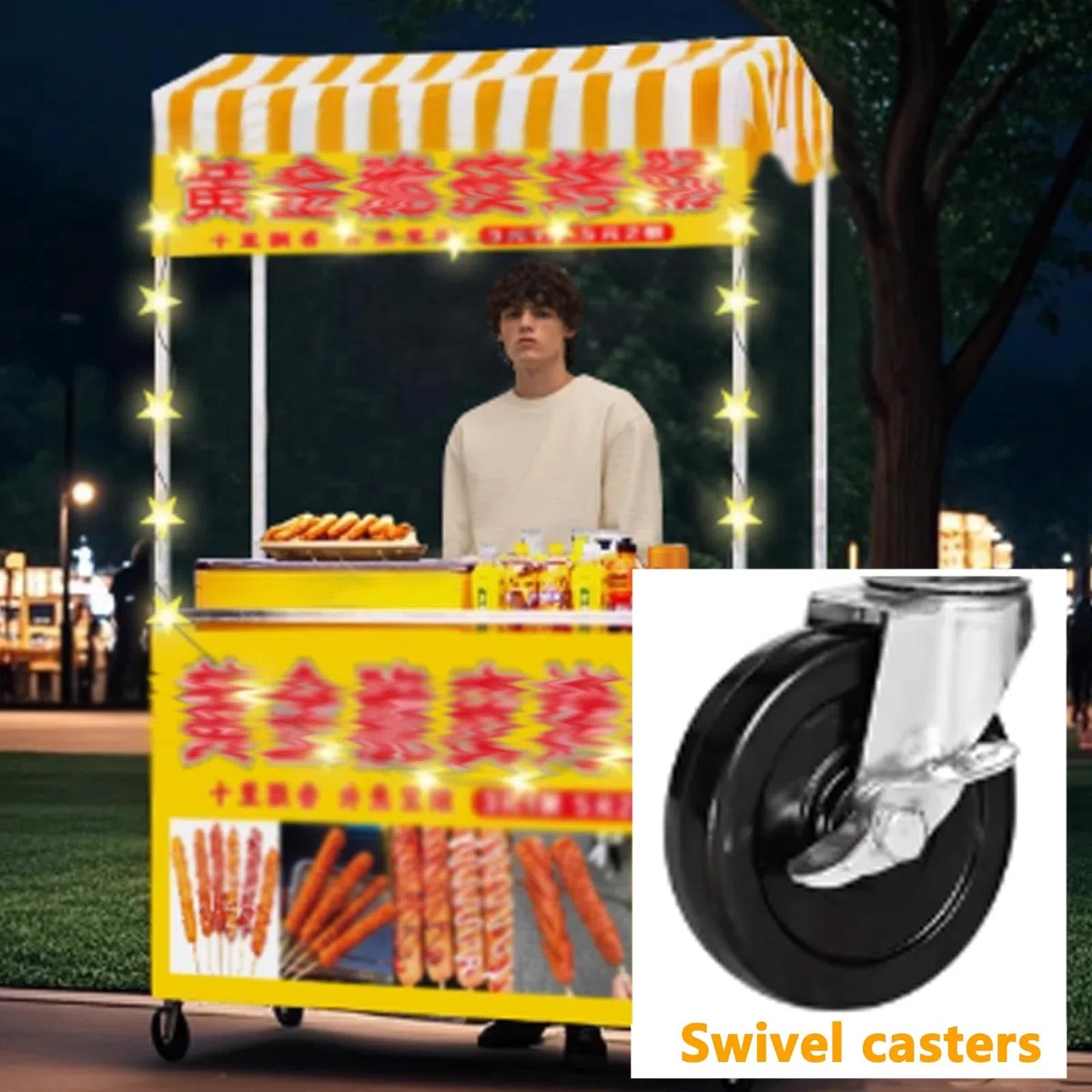 Le Food Vendor Chariot avec auvent rayé roues verrouillables Parfait pour les marchés en plein air festivals et événements Design pliable portable pour une installation facile