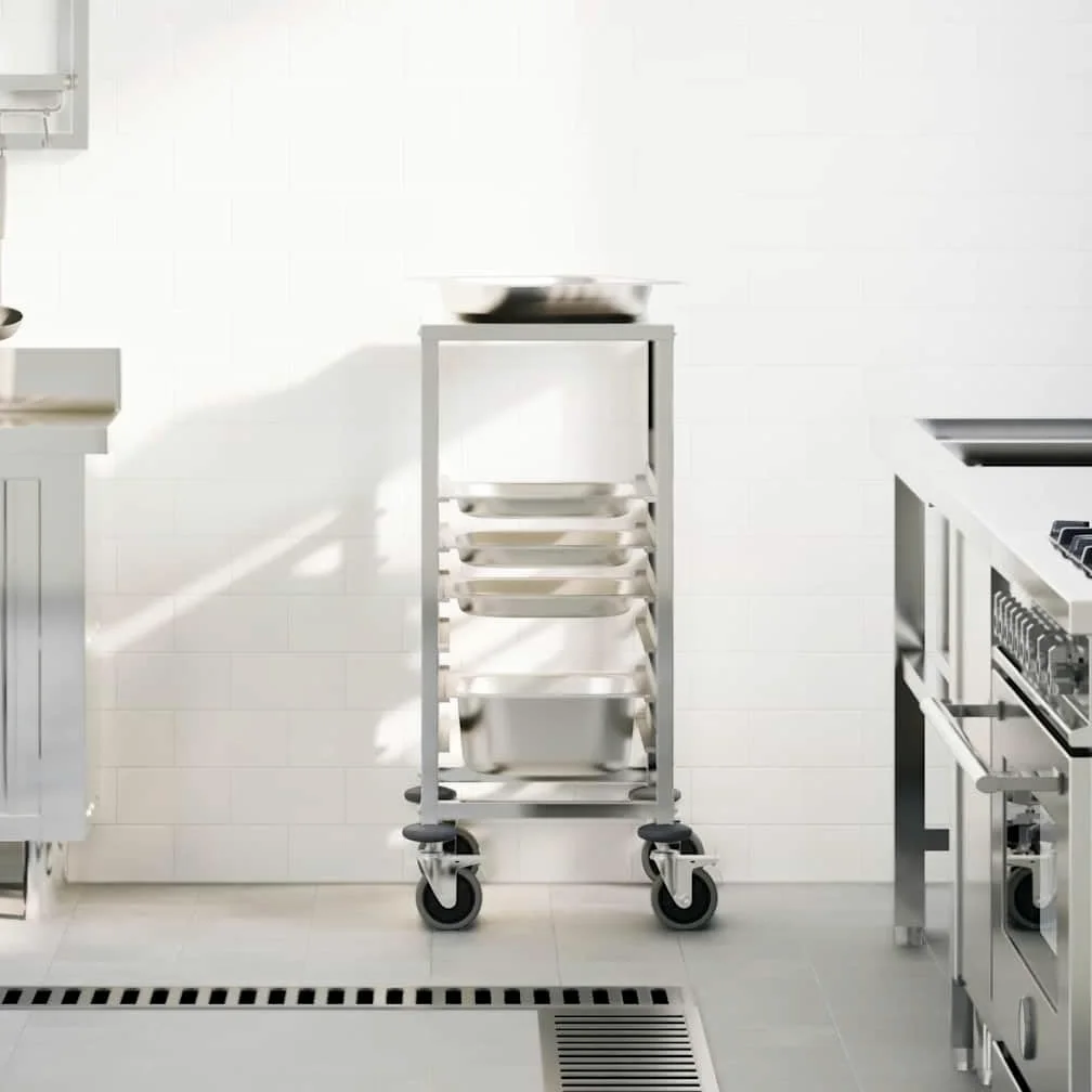 Chariot à plateaux en acier inoxydable avec 6 récipients GN 1/1 39 x 55 x 87 cm, roulant, avec 4 roulettes et freins, peu encombrant pour cuisine, gastronomie, chariot de service, chariot