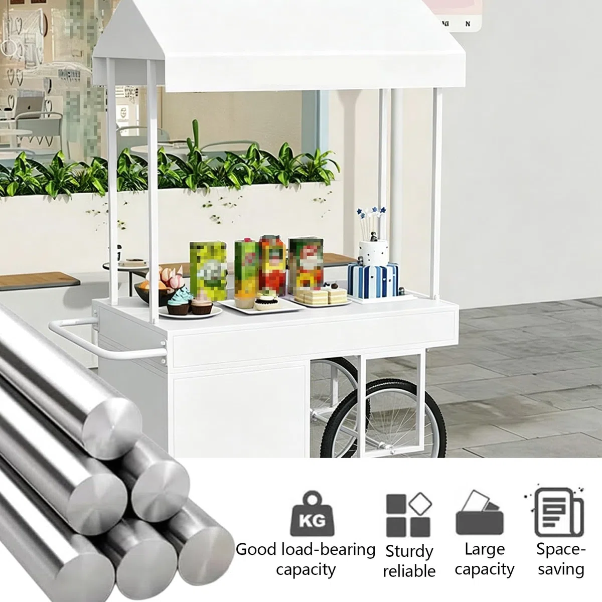 Chariot portable à 4 roues avec pare-soleil réglable et boîte de rangement pour marchés de rue, événements et fêtes