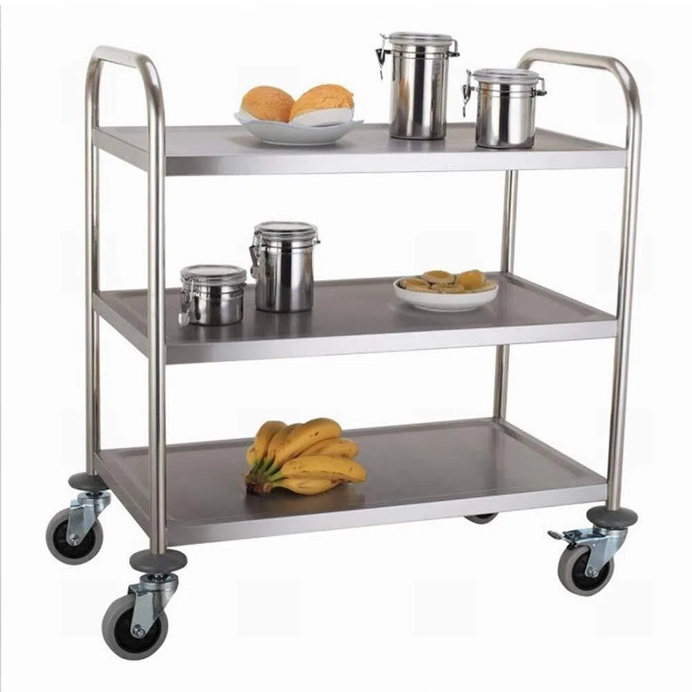 Chariot de Service Mobile à 3 Niveaux en Acier Inoxydable avec poignée Ergonomique et roulettes silencieuses avec Freins, idéal pour la Cuisine, l'hôtellerie, la restaura