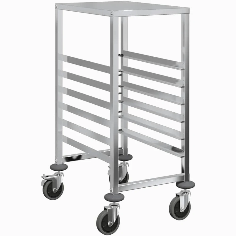 Chariot à plateaux en acier inoxydable avec 6 récipients GN 1/1 39 x 55 x 87 cm, roulant, avec 4 roulettes et freins, peu encombrant pour cuisine, gastronomie, chariot de service, chariot
