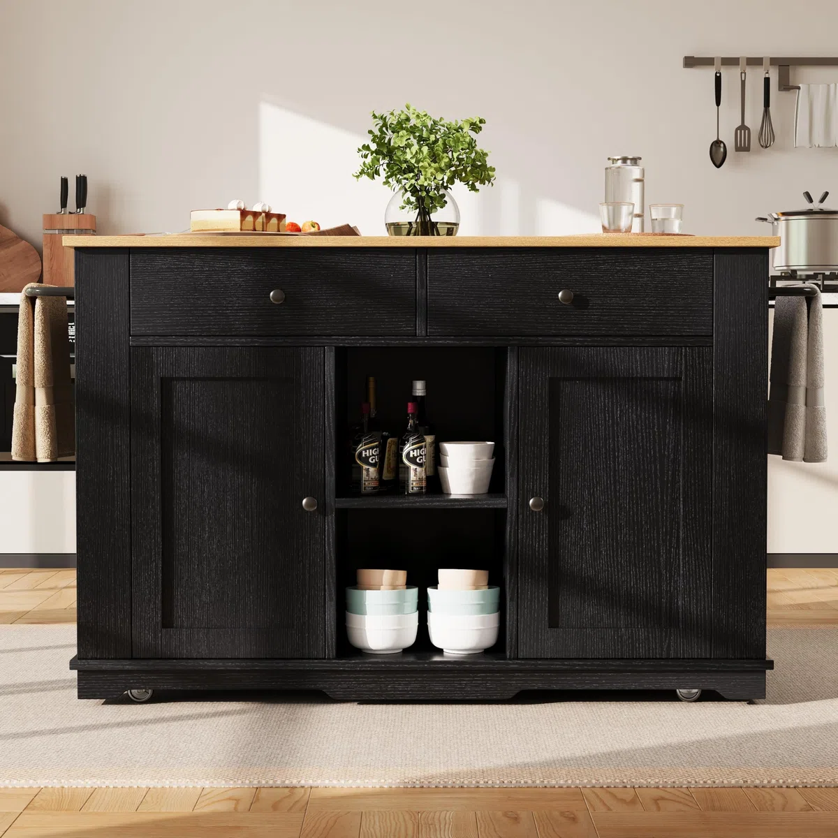 LINKHOO Ilot de Cuisine, équipé d’Une multiprise, Chariot de Service avec Plan de Travail, Chariot de Service avec veines de Bois, 151.5 * 59.7 * 91.7 cm, Noir