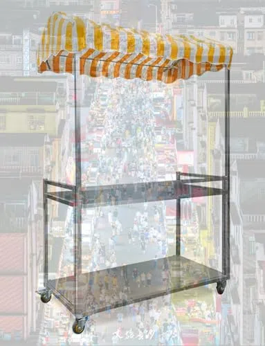 Chariot de concession portable avec auvent et affichage à 2 niveaux, cadre en métal robuste, roues verrouillables, idéal pour les vendeurs de nourriture, événements en plein air, marchés aux puces