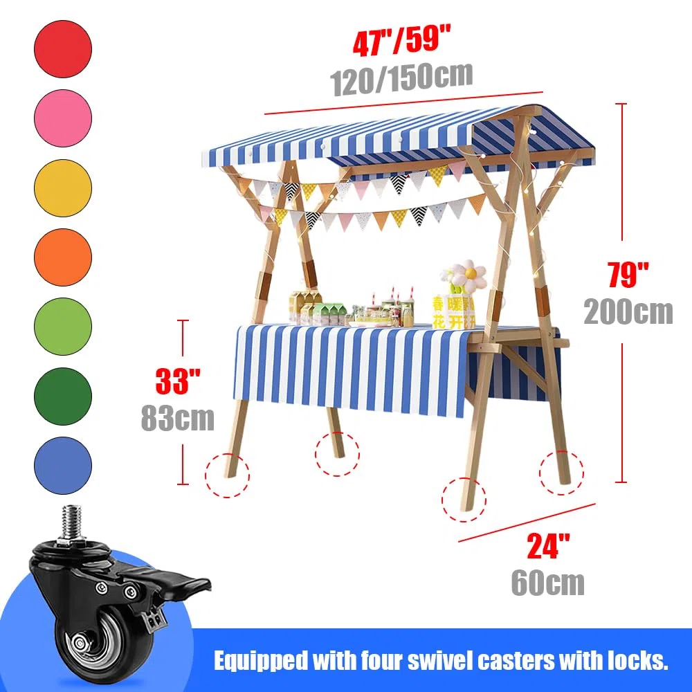 Chariot portable avec auvent et roues pour vente de nourriture en plein air pour vente de rue et événements 119,4 cm (L) x 61 cm (l) x 200,7 cm (H)
