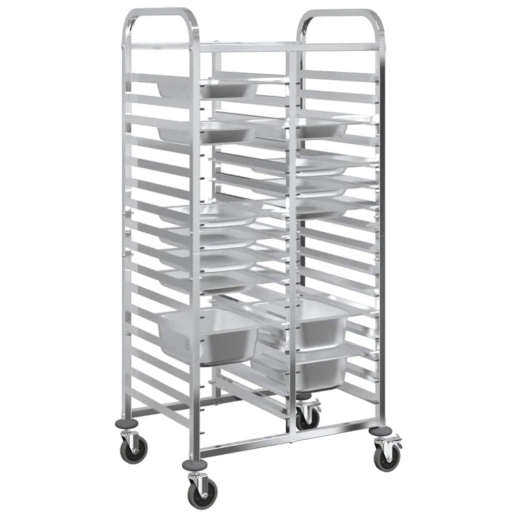 Chariot à plateau en acier inoxydable 75 x 55 x 162,5 cm avec 32 récipients GN, chariot de cuisine avec roulettes et freins, chariot de service pour gastronomie, chariot à roulettes flexible