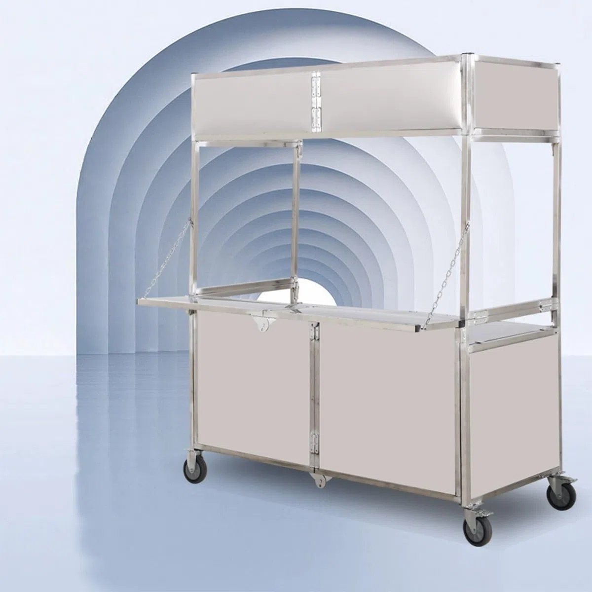 Chariot de vente mobile pliable avec auvent et rangement pour marchés et événements en plein air