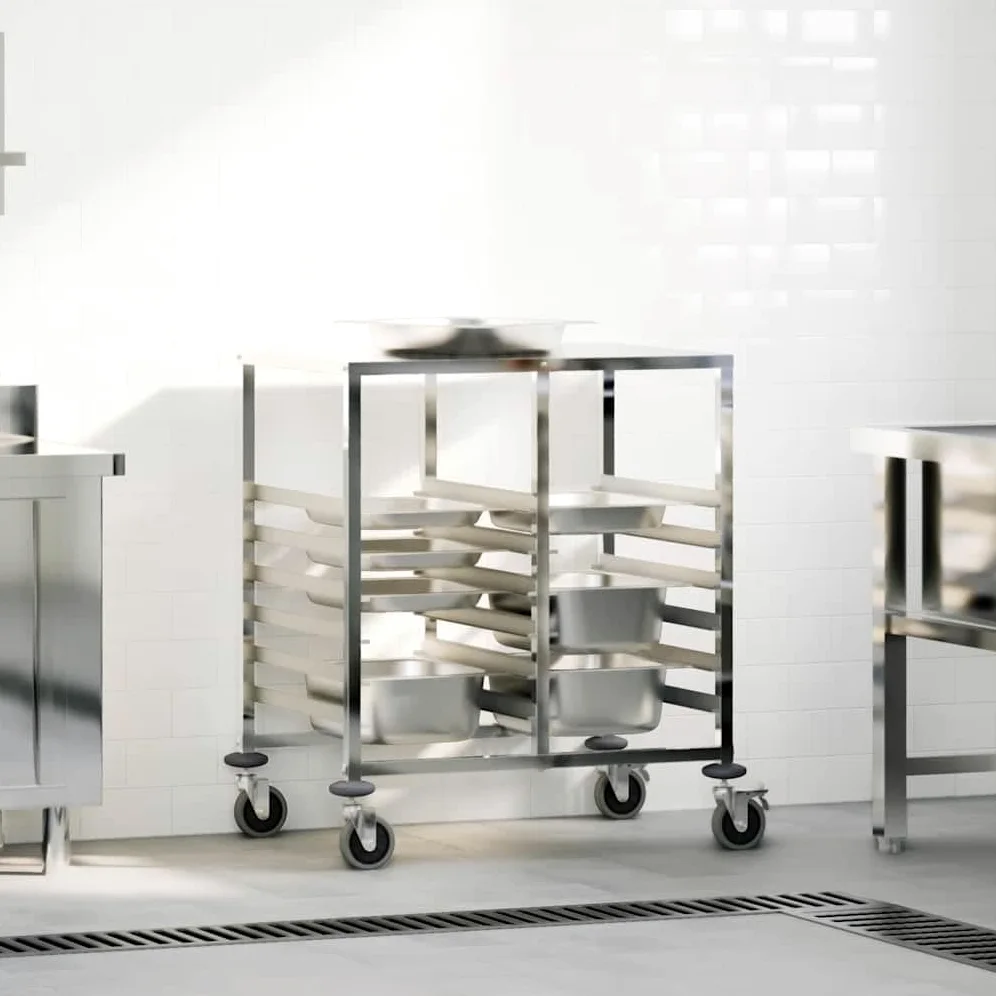 Chariot à plateaux en acier inoxydable avec 12 bacs GN 1/1 75 x 55 x 87 cm, chariot de cuisine, chariot de service, chariot de service avec 4 roues, rangement de rangement pour cuisine