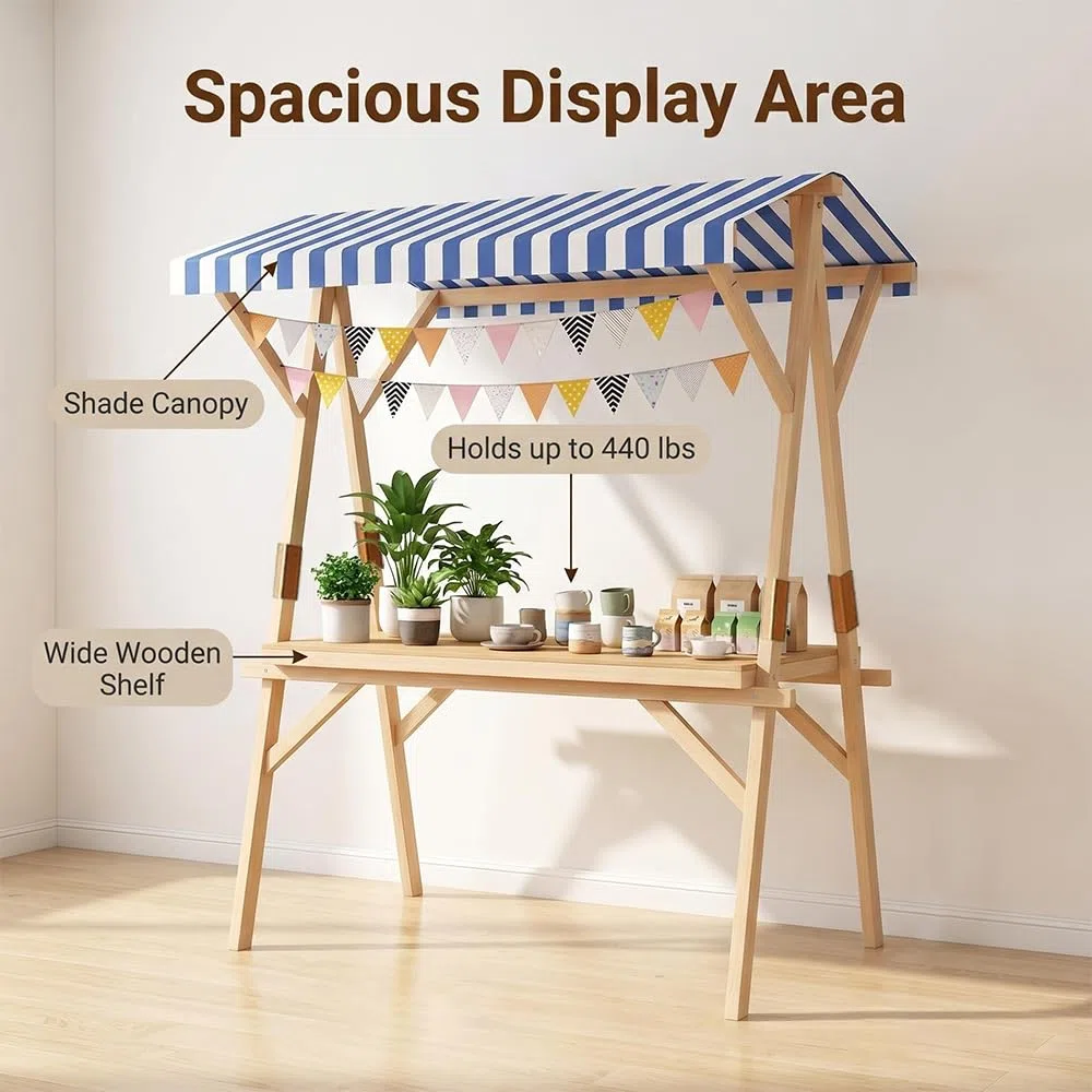 Chariot portable avec auvent et roues pour vente de nourriture en plein air pour vente de rue et événements 119,4 cm (L) x 61 cm (l) x 200,7 cm (H)