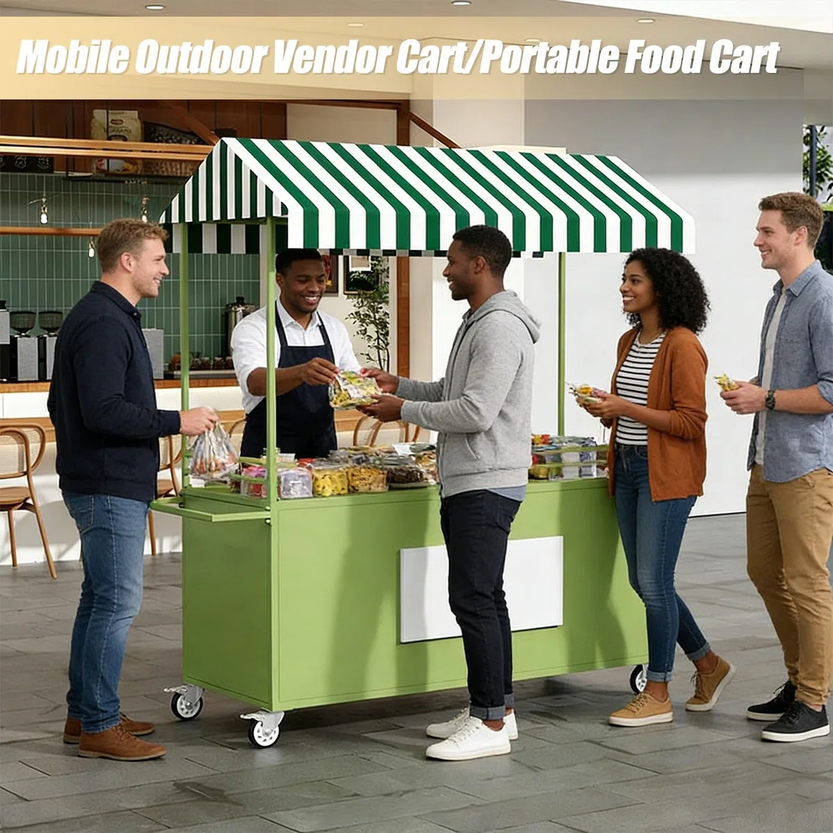 Chariot de nourriture portable avec auvent rayé et roues pour les marchés en plein air et les événements de rue