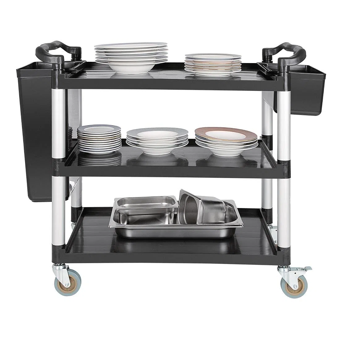 Vogue Grand chariot mobile en polypropylène, noir, capacité de 200 kg, taille : 960 x 520 x 1070 mm, comprend 2 roulettes avec freins et 2 roulettes simples à montage facile, CF102