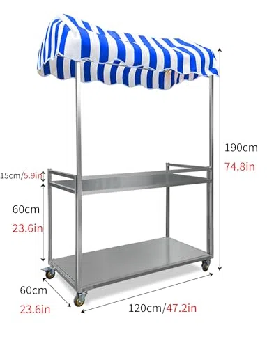 Chariot de concession portable avec auvent et affichage à 2 niveaux, cadre en métal robuste, roues verrouillables, idéal pour les vendeurs de nourriture, événements en plein air, marchés aux puces