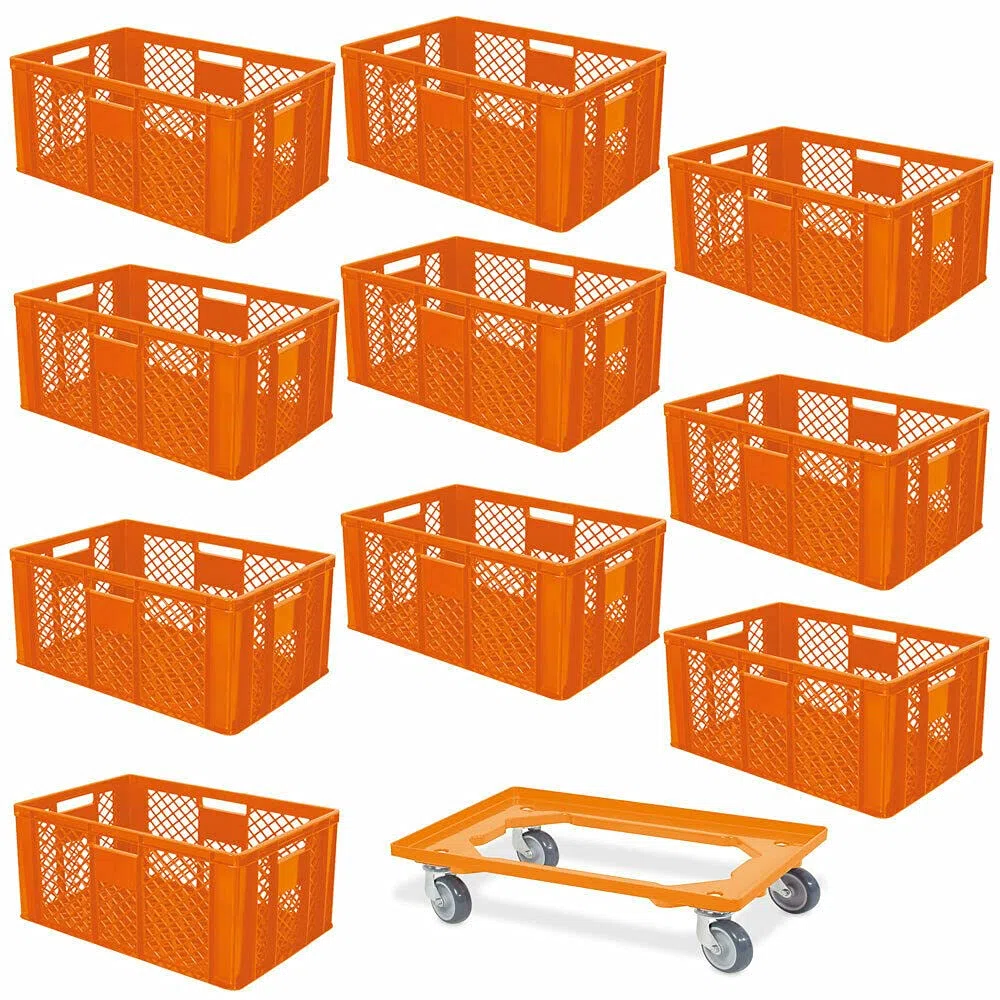 BRB Lot économique de 10 bacs empilables plus à roulettes de transport, 600 x 400 x 320 mm, qualité industrielle, convient à un usage alimentaire, orange