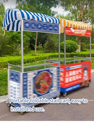 Chariot de concession portable avec auvent et affichage à 2 niveaux, cadre en métal robuste, roues verrouillables, idéal pour les vendeurs de nourriture, événements en plein air, marchés aux puces