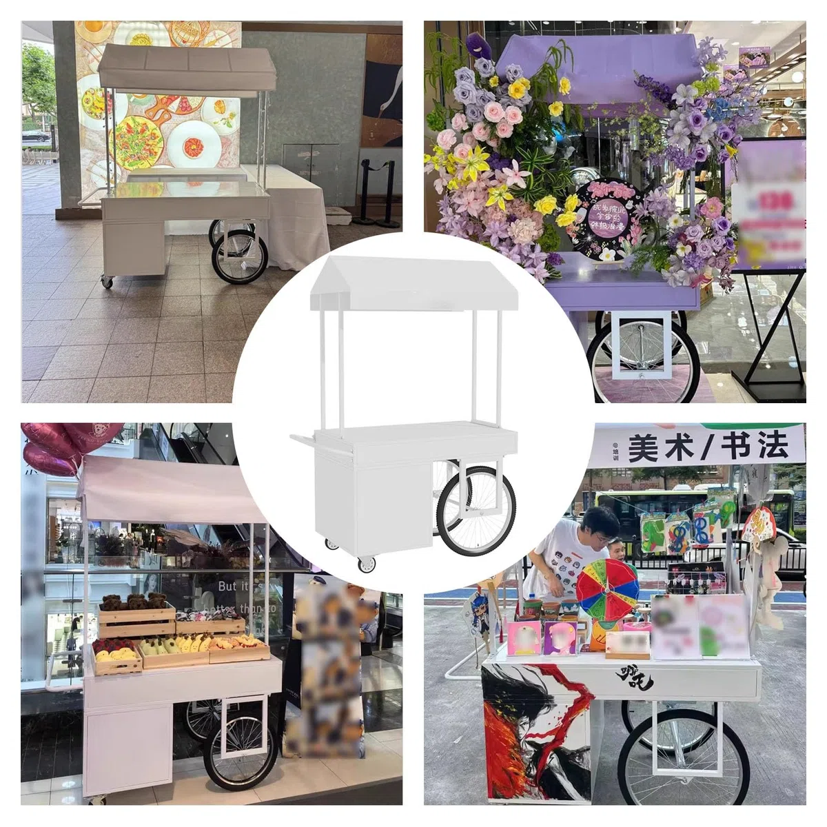 Chariot portable d'extérieur avec auvent et rangement ouvert, cadre en fer forgé à forte capacité de charge, idéal pour les rues commerciales, les plages et les festivals