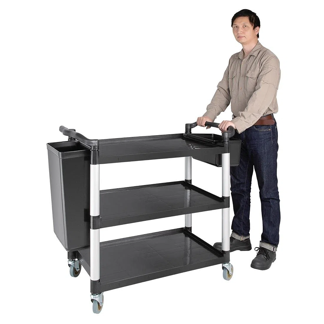Vogue Grand chariot mobile en polypropylène, noir, capacité de 200 kg, taille : 960 x 520 x 1070 mm, comprend 2 roulettes avec freins et 2 roulettes simples à montage facile, CF102
