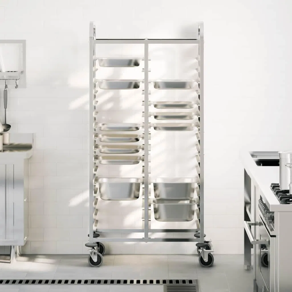 Chariot à plateau en acier inoxydable 75 x 55 x 162,5 cm avec 32 récipients GN, chariot de cuisine avec roulettes et freins, chariot de service pour gastronomie, chariot à roulettes flexible