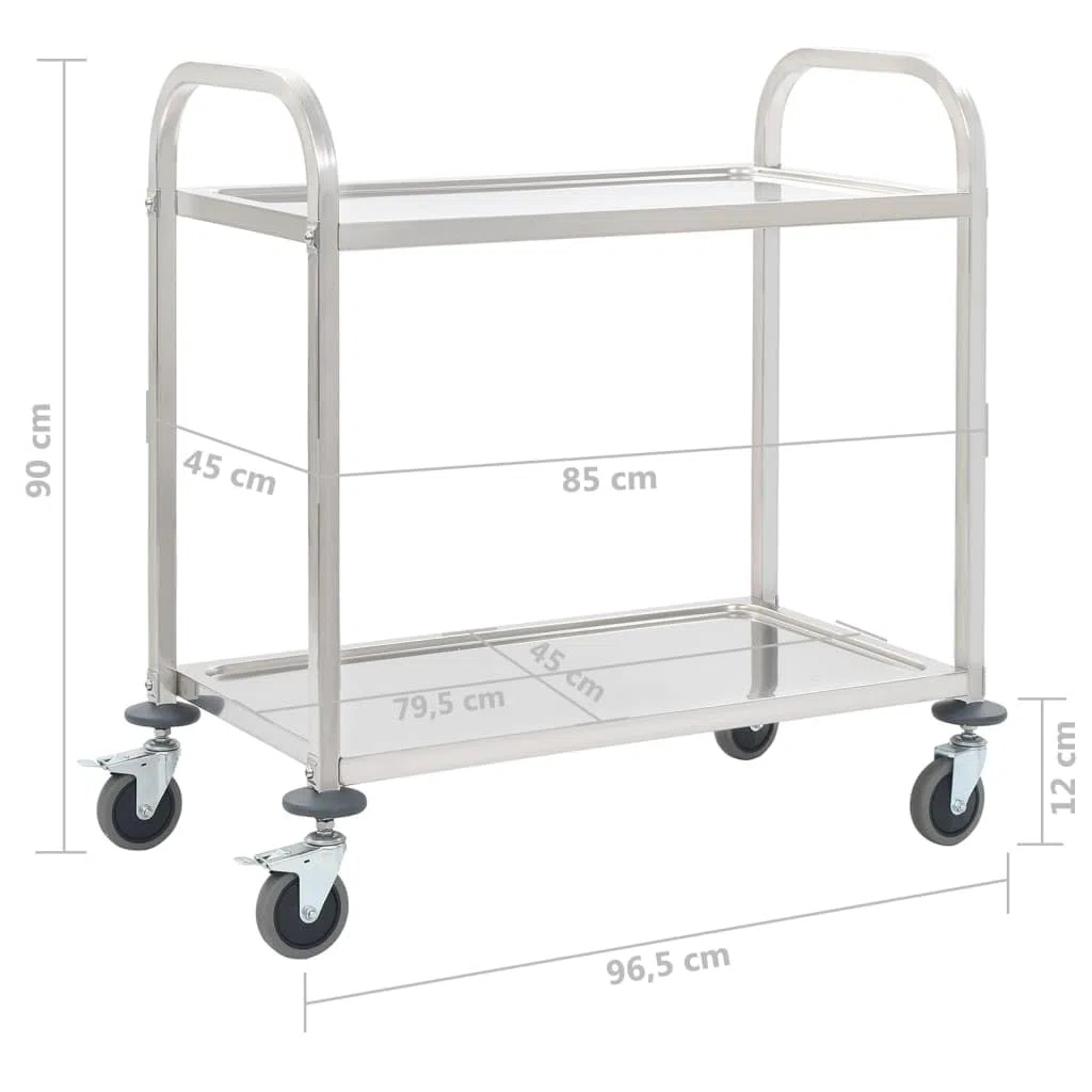 Chariot de service à 2 niveaux en acier inoxydable 96,5 x 55 x 90 cm avec roulettes et freins, chariot de cuisine pour chariot de bar, étagère, espace de rangement et chariot d'appoint dans