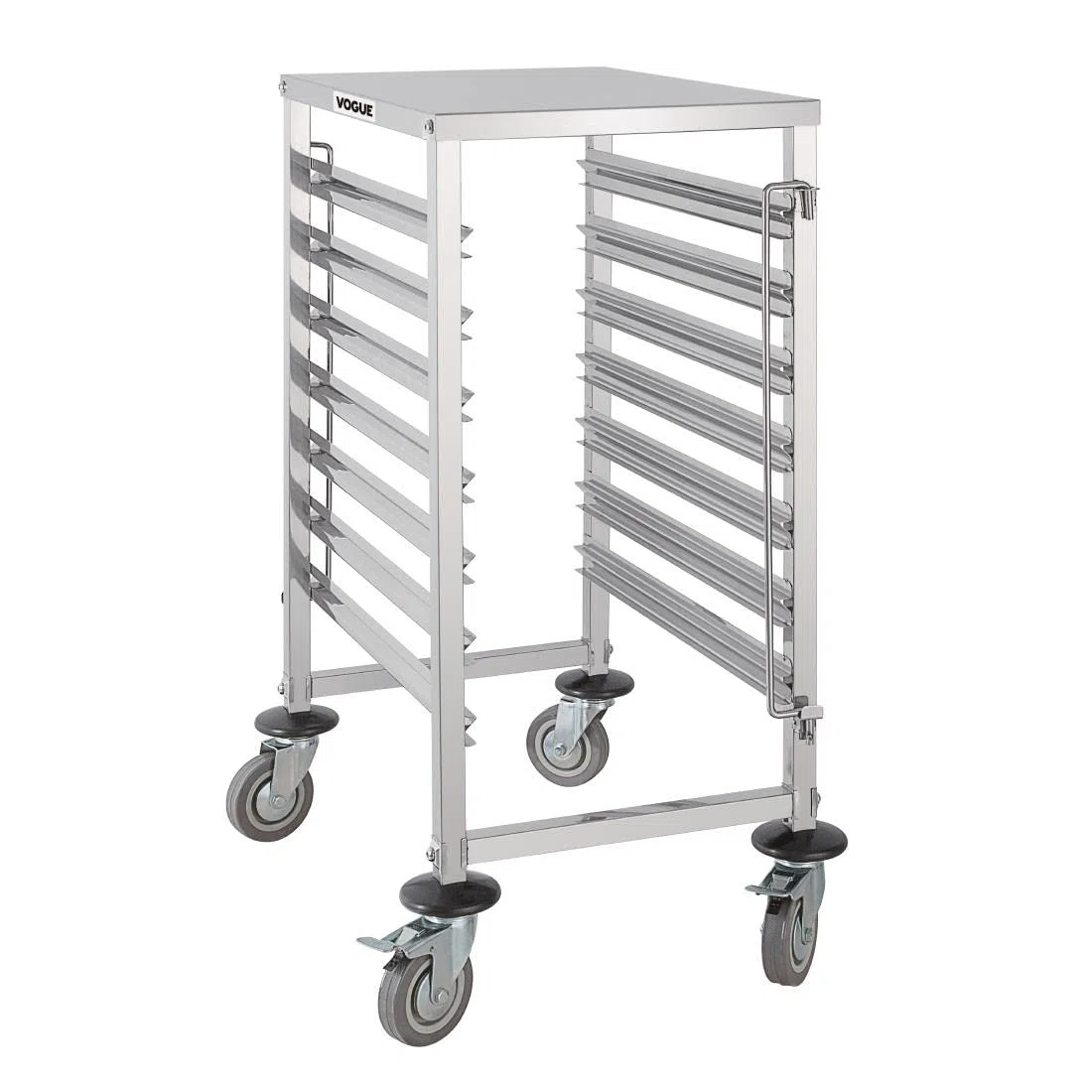 Vogue Chariot à glissières avec plan de travail GN 1/1 à 7 niveaux, en acier inoxydable, taille : 900(H) x 380(L) x 557(P)mm, roulettes freinées pour 1/1, Plateaux GN 1/2, 1/3, 2/3, GG498