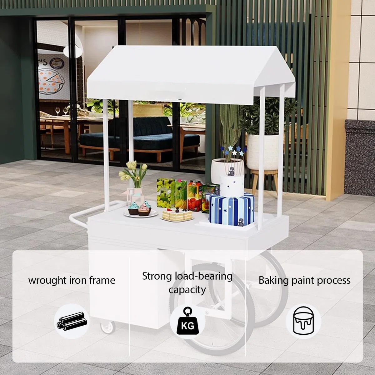 Chariot portable d'extérieur avec auvent et rangement ouvert, cadre en fer forgé à forte capacité de charge, idéal pour les rues commerciales, les plages et les festivals