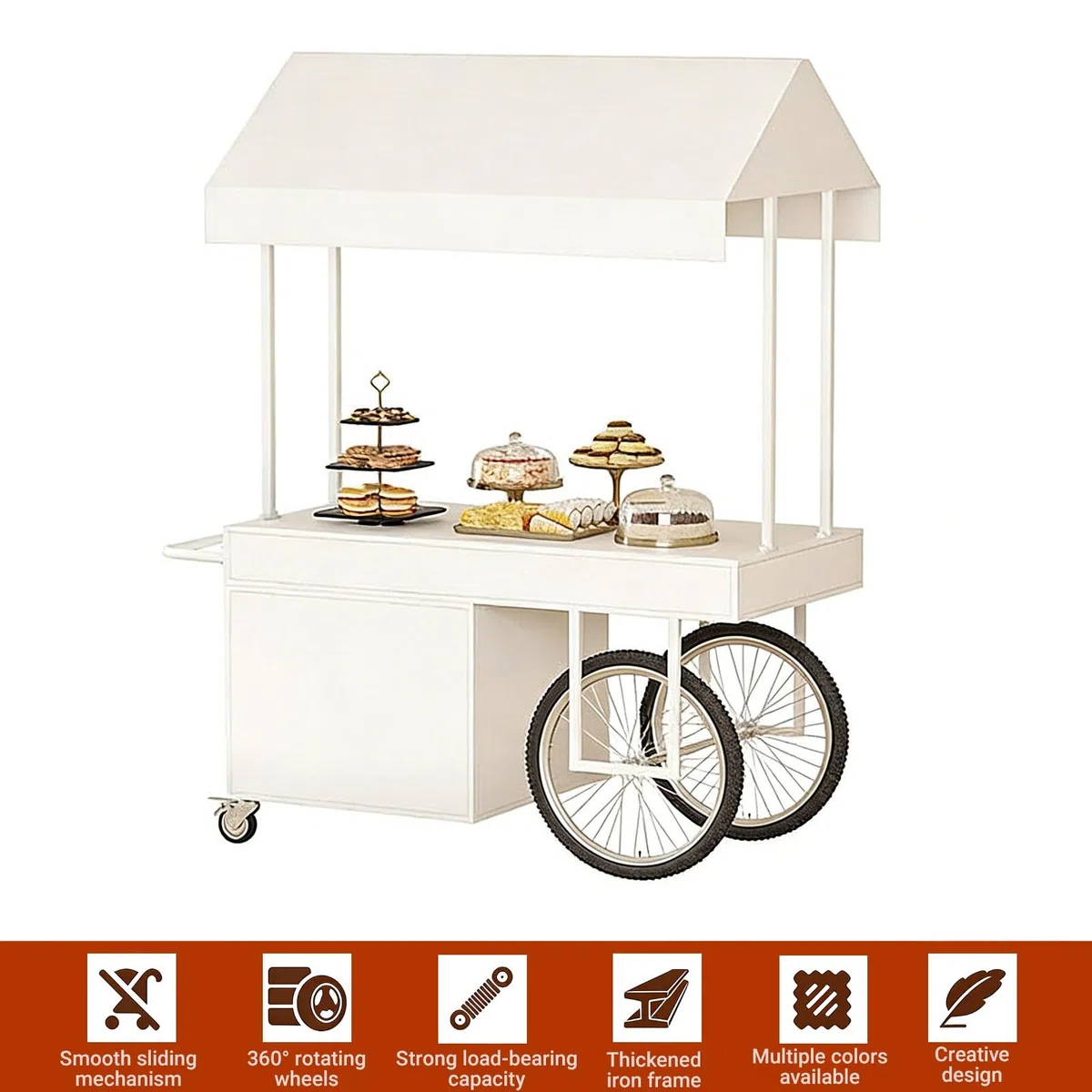 Chariot portable multifonction avec auvent roulant pour événements en plein air, marchés nocturnes et vente alimentaire, construction en fer 120 x 70 x 200 cm
