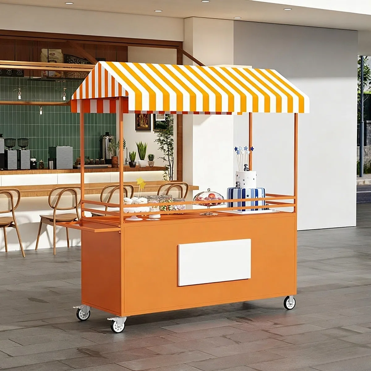 Chariot de nourriture portable avec auvent rayé et roues pour les marchés en plein air et les événements de rue