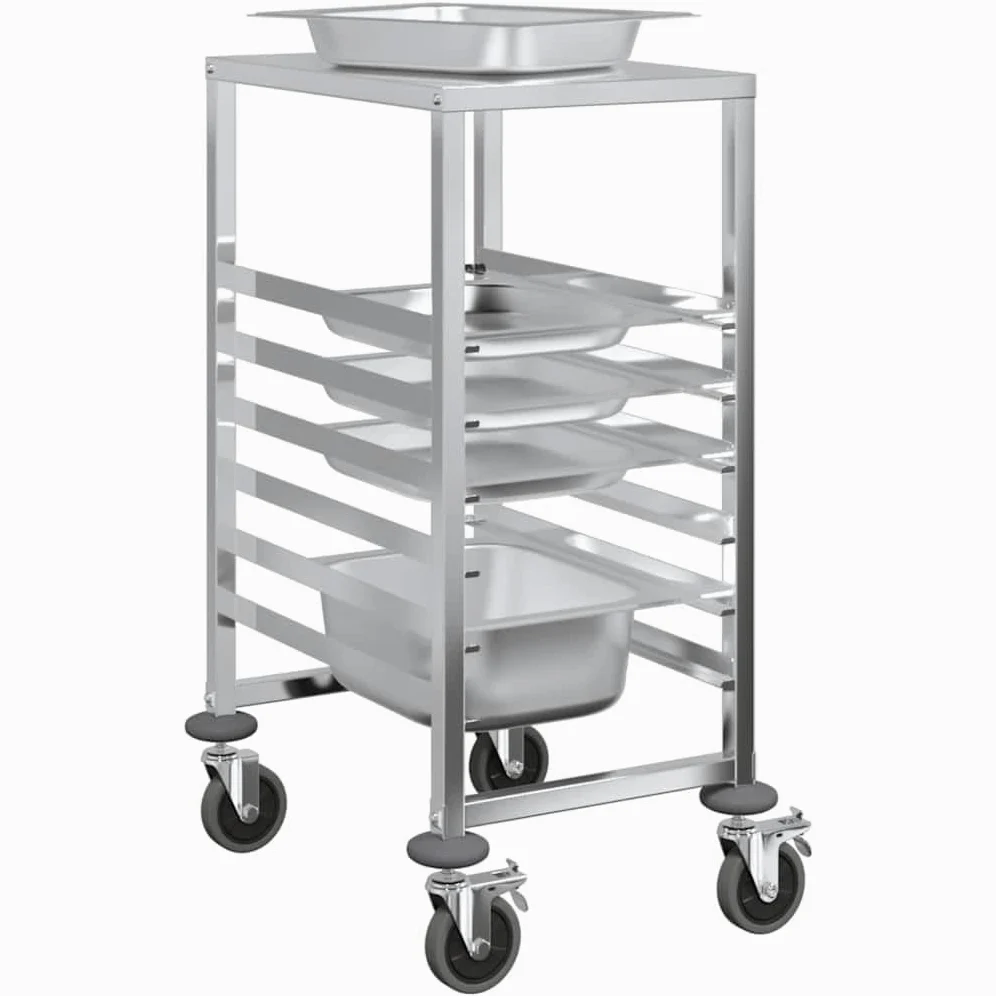 Chariot à plateaux en acier inoxydable avec 6 récipients GN 1/1 39 x 55 x 87 cm, roulant, avec 4 roulettes et freins, peu encombrant pour cuisine, gastronomie, chariot de service, chariot