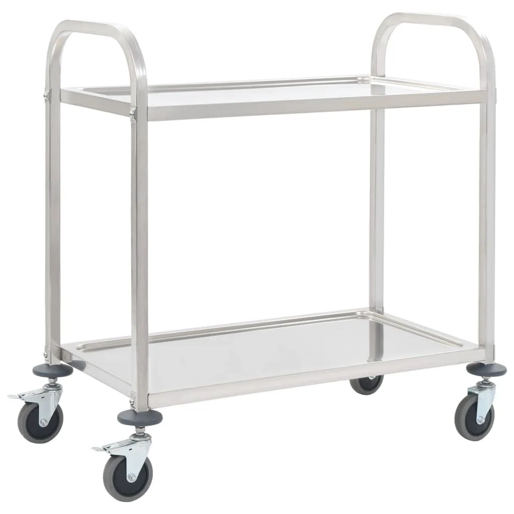 Chariot de service à 2 niveaux en acier inoxydable 96,5 x 55 x 90 cm avec roulettes et freins, chariot de cuisine pour chariot de bar, étagère, espace de rangement et chariot d'appoint dans