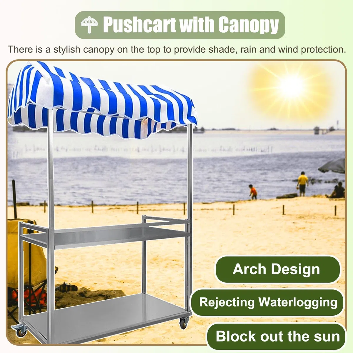 Chariot alimentaire pliable avec roues – Distributeur automatique à 2 couches avec auvent, kiosque de concession portable pour événements et marchés en plein air, 100 cm de large, jaune