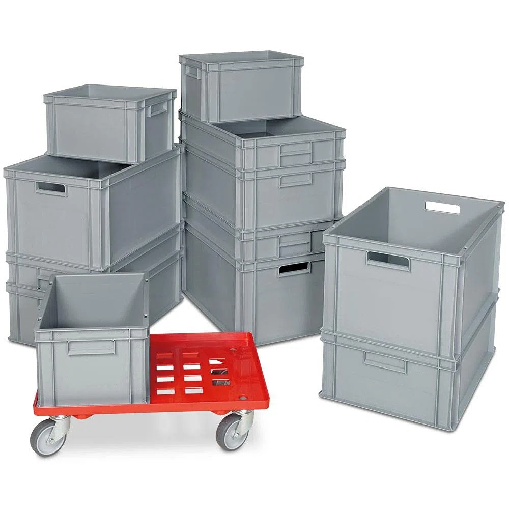 Lot de 12 boîtes empilables grises en 4 tailles + 1 chariot de transport gratuit