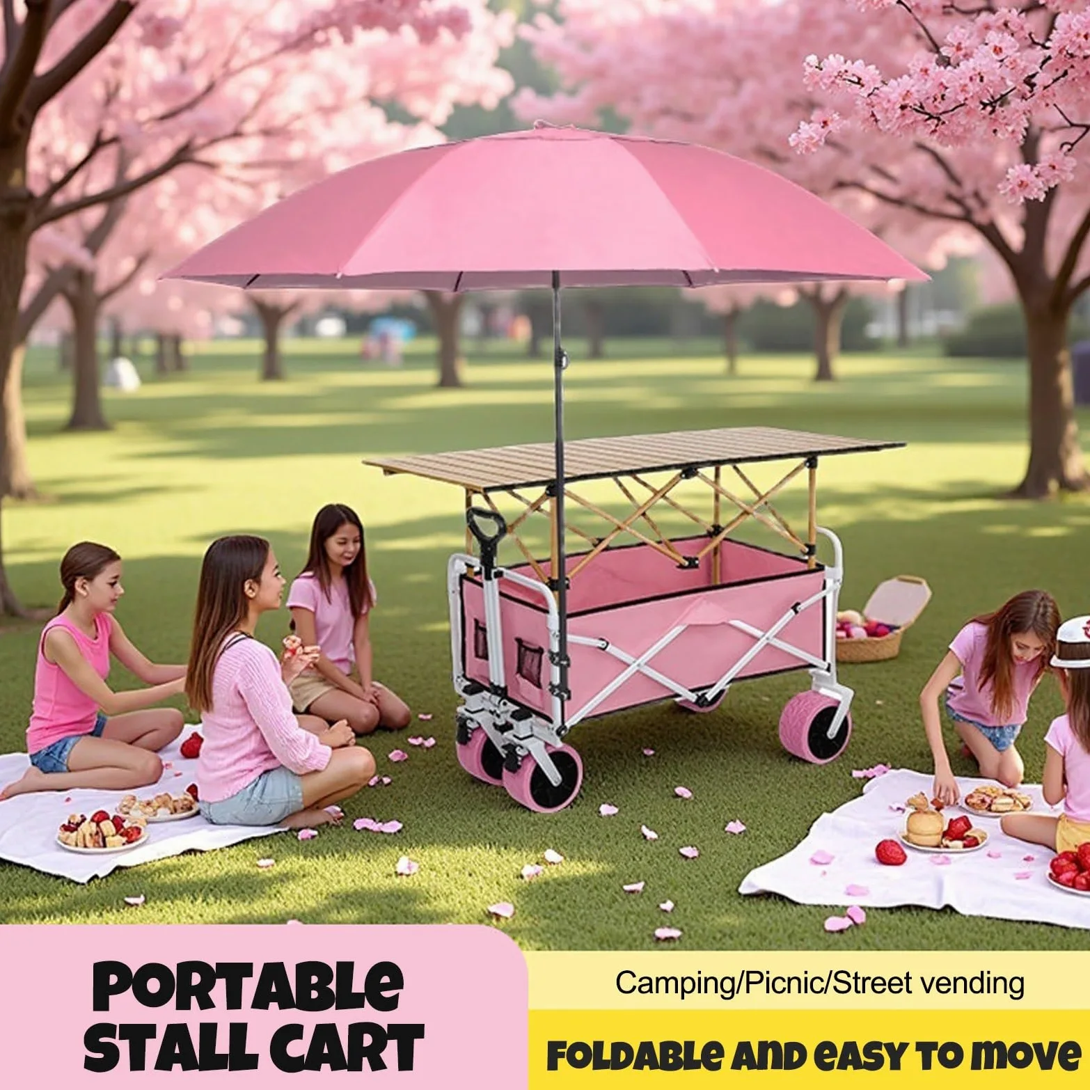 Chariot de vendeur d'extérieur pliable avec auvent, présentoir mobile commercial de nourriture de rue avec roues verrouillables pour marché, camping, événements
