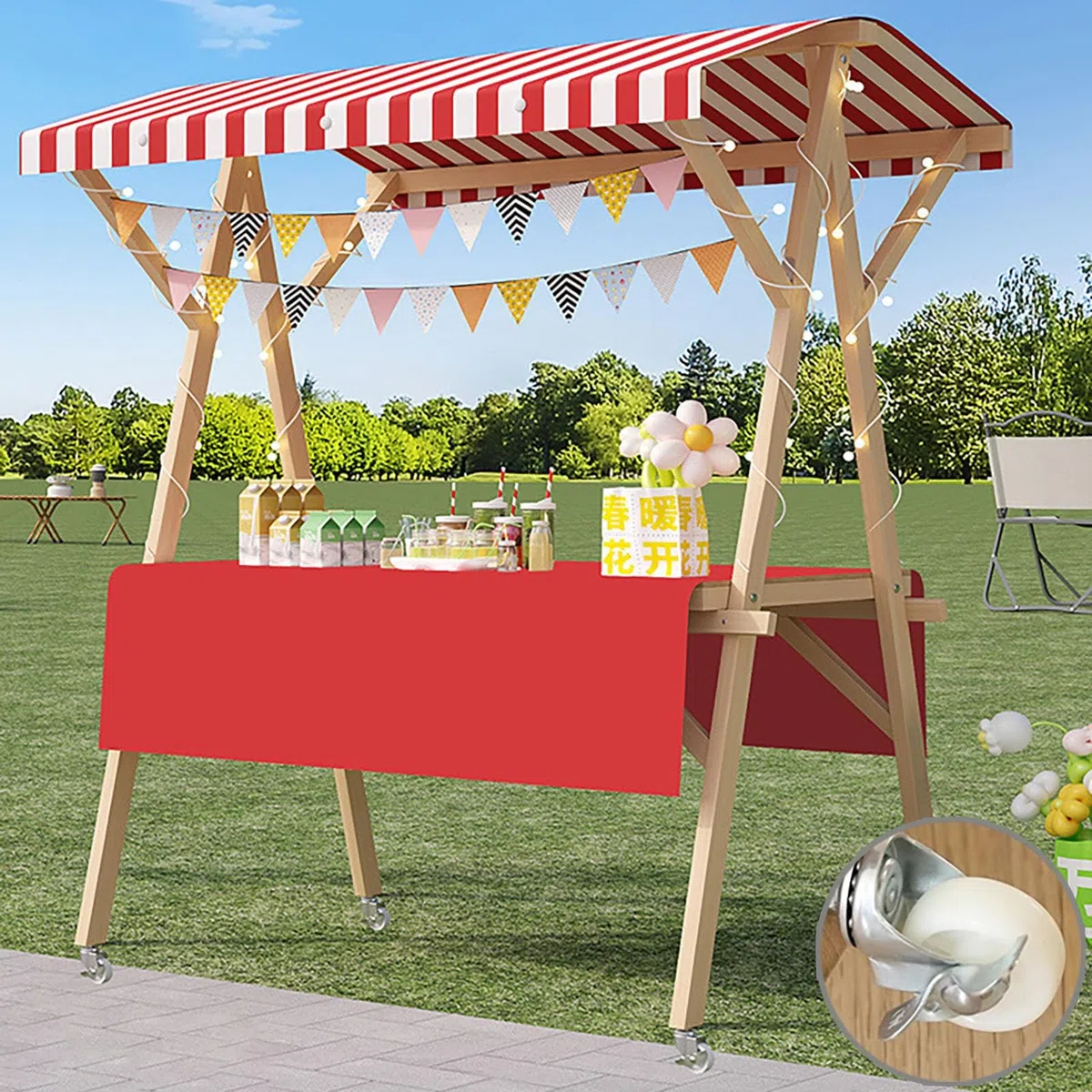 Chariot de vendeur portable pliable avec auvent et roues, idéal pour les marchés agricoles, les festivals, la plage, la nourriture de rue et les événements en plein air (rouge B, 120 cm)