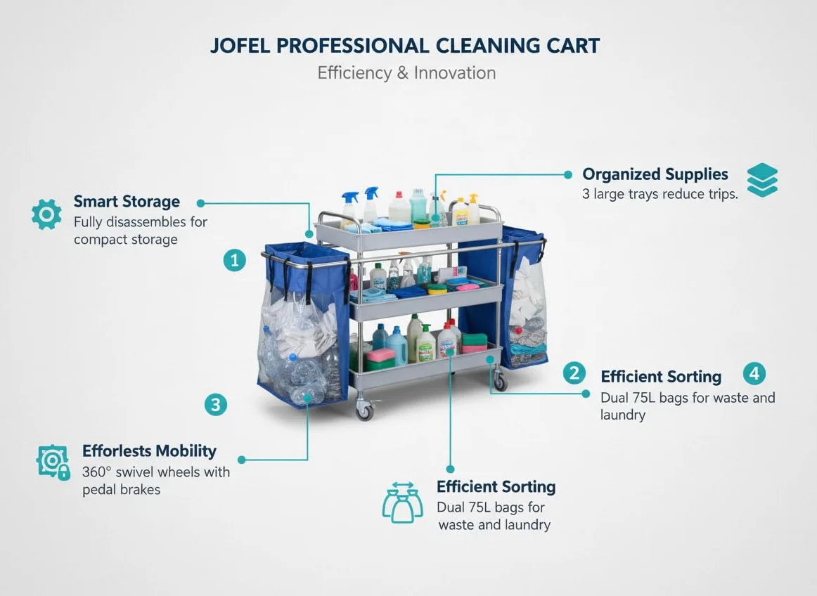 Jofel Al50150 chariot métallique, 3 plateaux Grande et 2 sacs de 75 l, EN ACIER INOXYDABLE AISI 304