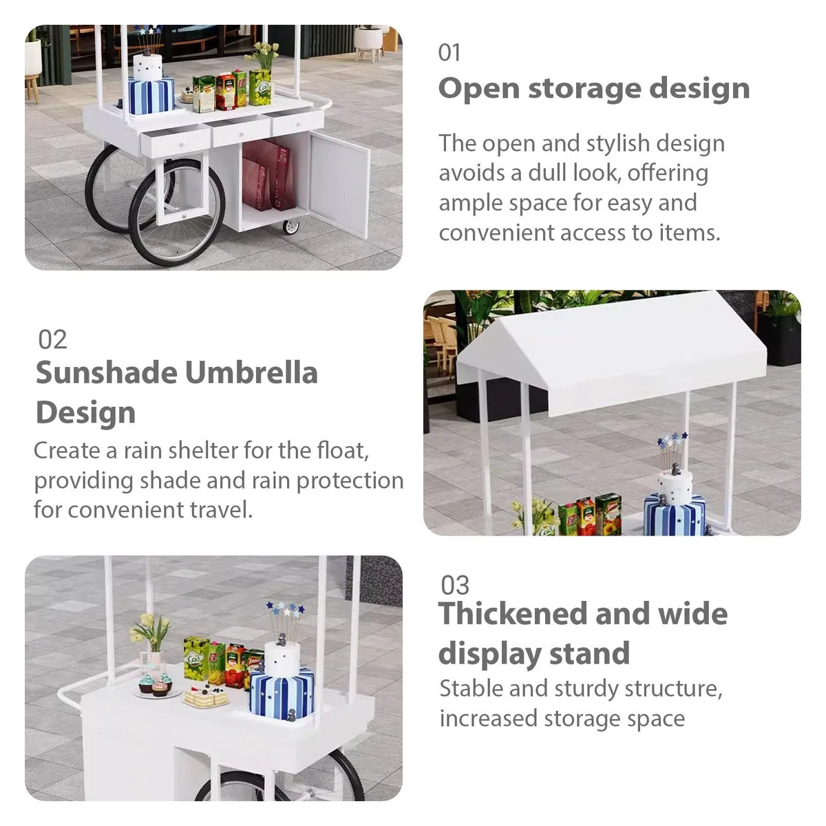 Chariot portable d'extérieur avec auvent et rangement ouvert, cadre en fer forgé à forte capacité de charge, idéal pour les rues commerciales, les plages et les festivals