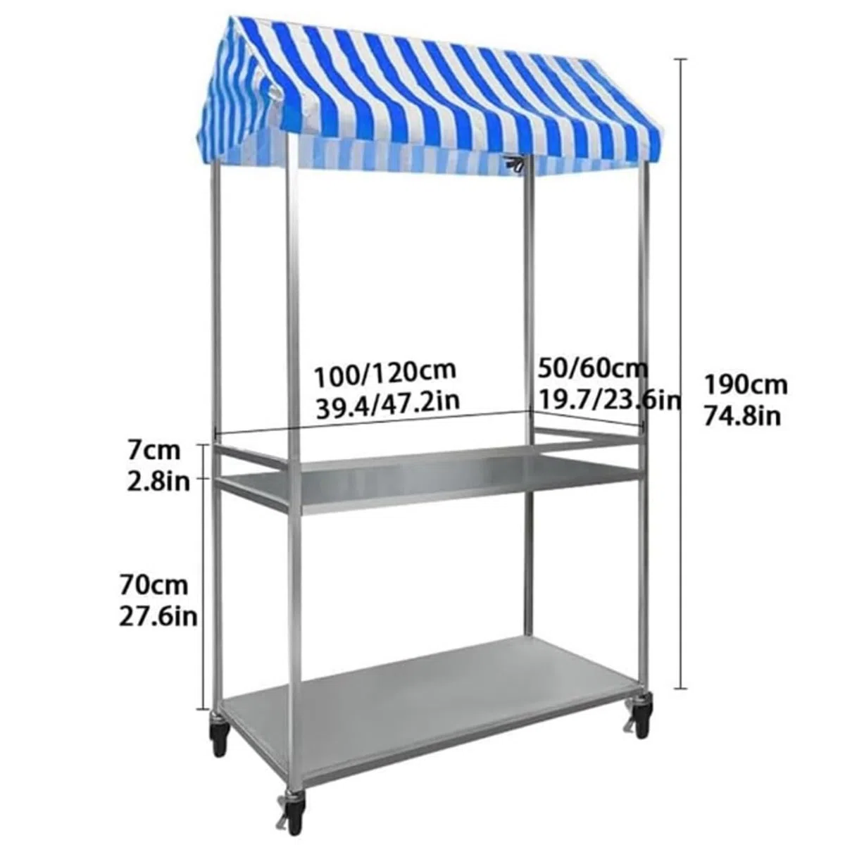 Le Food Vendor Chariot avec auvent rayé roues verrouillables Parfait pour les marchés en plein air festivals et événements Design pliable portable pour une installation facile