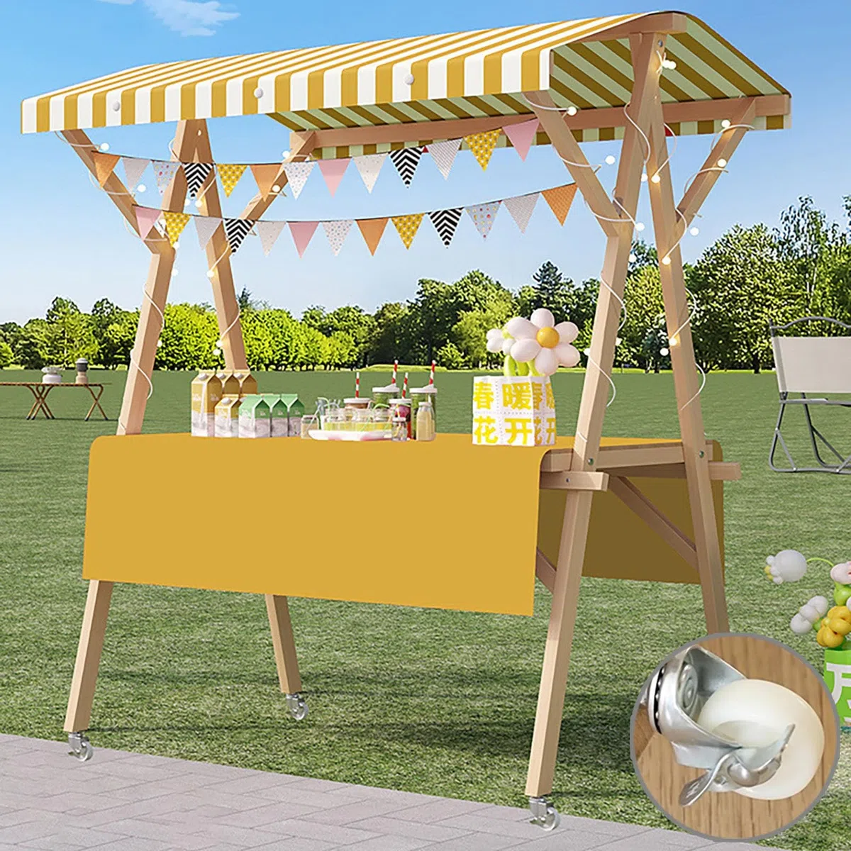 Chariot portable pliable avec auvent et roues – Idéal pour marchés agricoles, festivals, plages, événements en plein air, nourriture de rue – 120 cm, jaune B