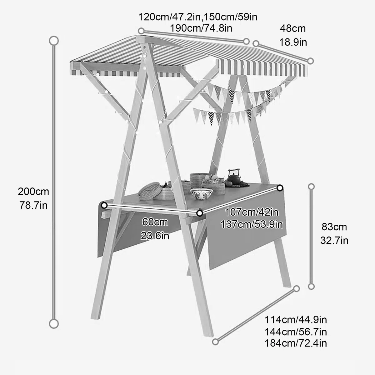 Chariot de vendeur d'extérieur pliable avec auvent - Présentoir portable pour festivals, plages, nourriture de rue et marchés agricoles (rouge, 150 cm)