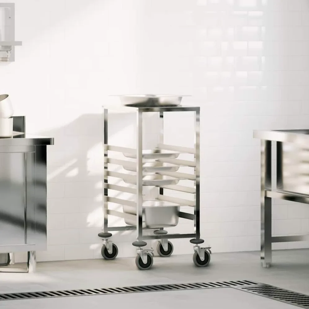 Chariot à plateaux en acier inoxydable avec 6 récipients GN 1/1 39 x 55 x 87 cm, roulant, avec 4 roulettes et freins, peu encombrant pour cuisine, gastronomie, chariot de service, chariot